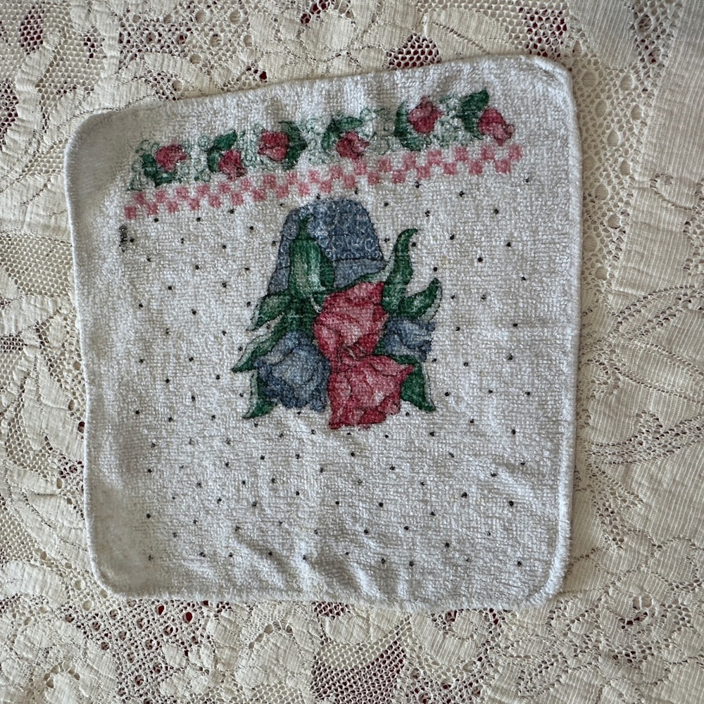 Vintage‎ Royal Terry B&D Floral Rose Basket Cotton Washcloth White Pink Blue